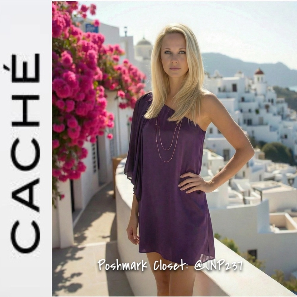 { Cache } Elegant One-Shoulder Chiffon Cocktail Dress in Violet